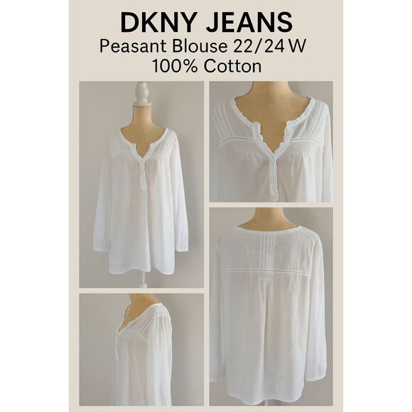 DKNY Jeans White Peasant Blouse 22/24W 100% Cotton Pintuck Ruffle Boho Top 31” - Picture 1 of 6